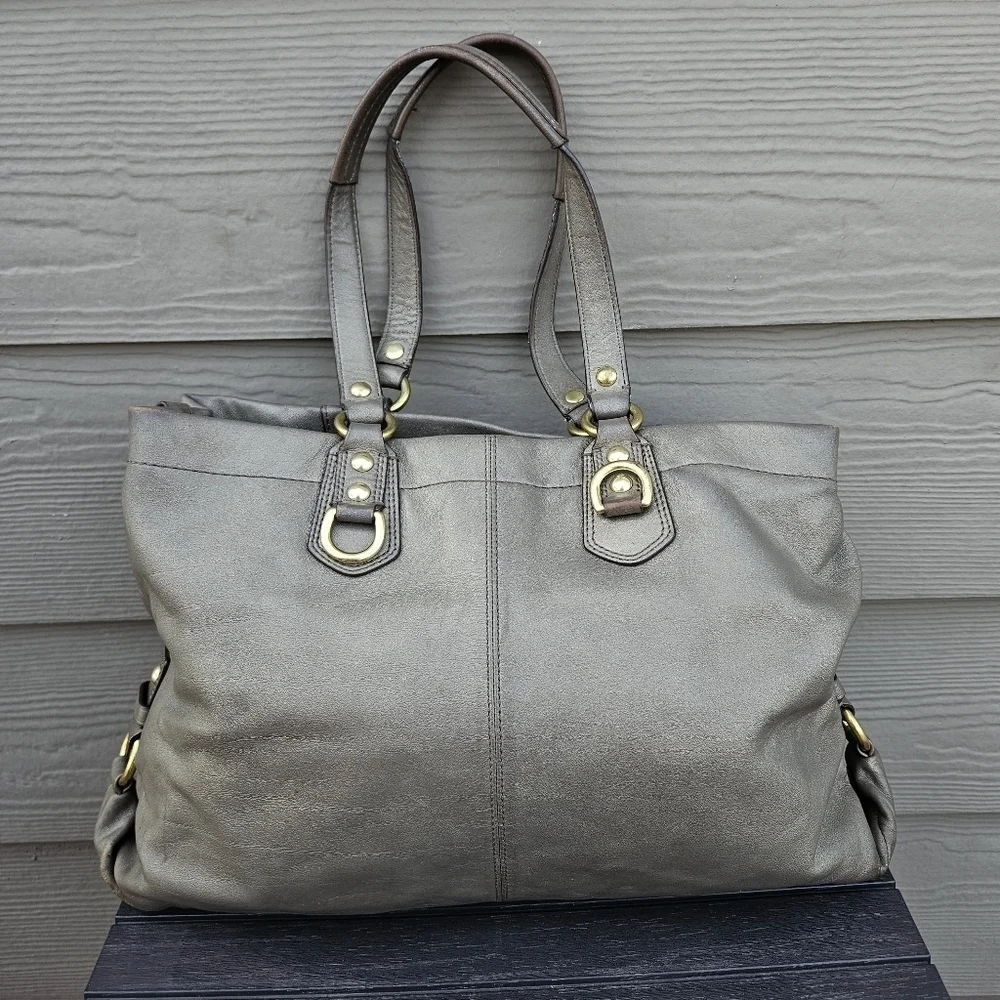 COACH Ashley Carryall Satchel Steel Gold Leather Hobo Shoulder Bag Purse F15513